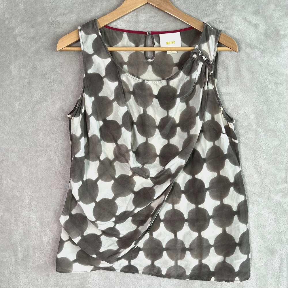 Maeve Blouse Sz 6 100% Silk Gray White Draped Sleeveless Abstract Print Top Chic
